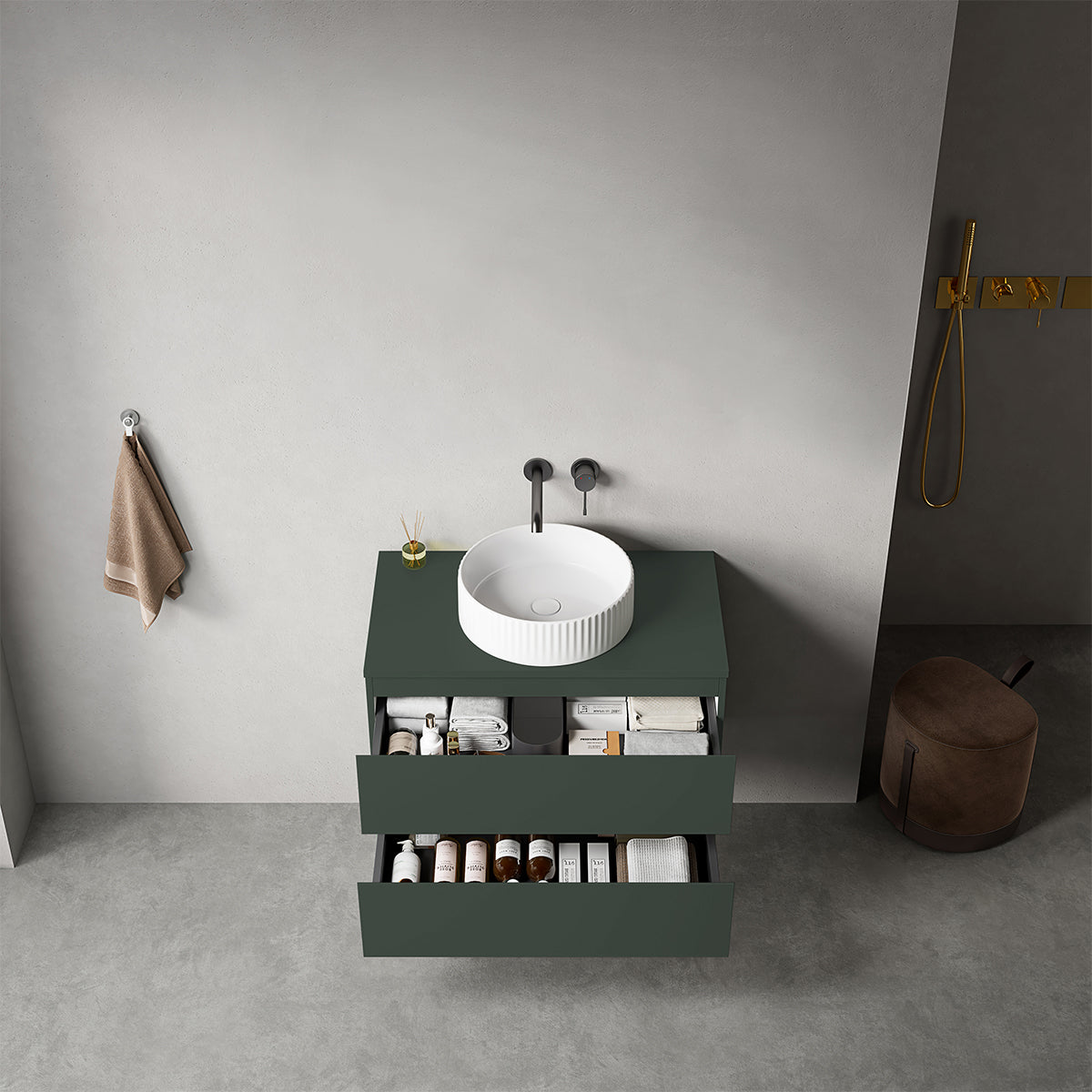 Mobile bagno sospeso 80 cm Verde Comodoro per Lavabo d'appoggio Senza Specchio - Fiji Paint Top