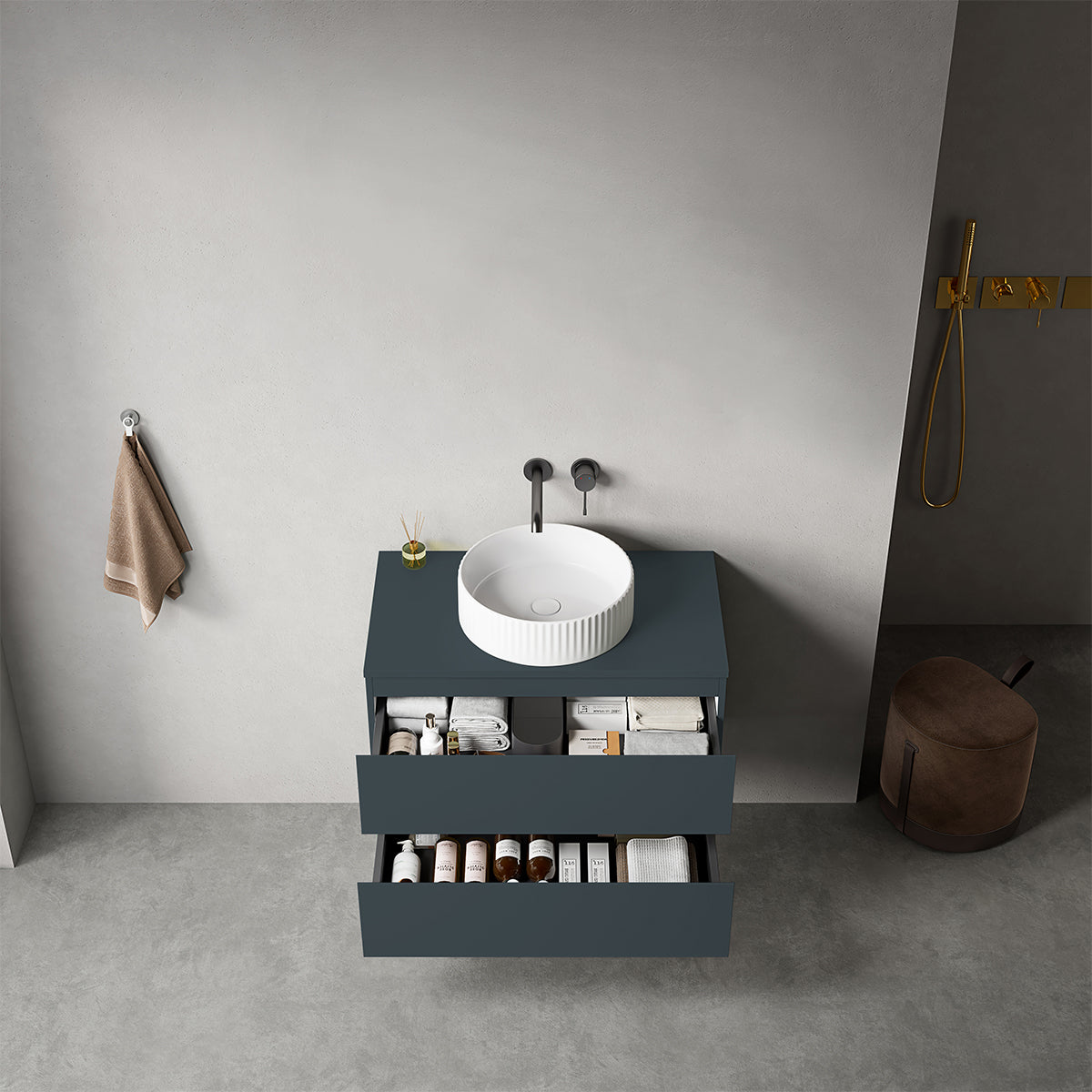 Mobile bagno sospeso 80 cm Blu Mare per Lavabo d'appoggio Senza Specchio - Fiji Paint Top