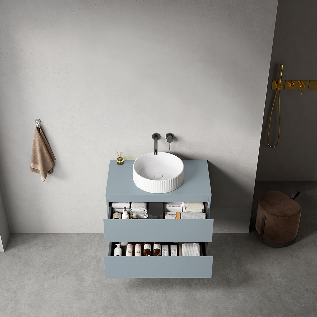 Mobile bagno sospeso 80 cm Blu Avio per Lavabo d'appoggio Senza Specchio - Fiji Paint Top
