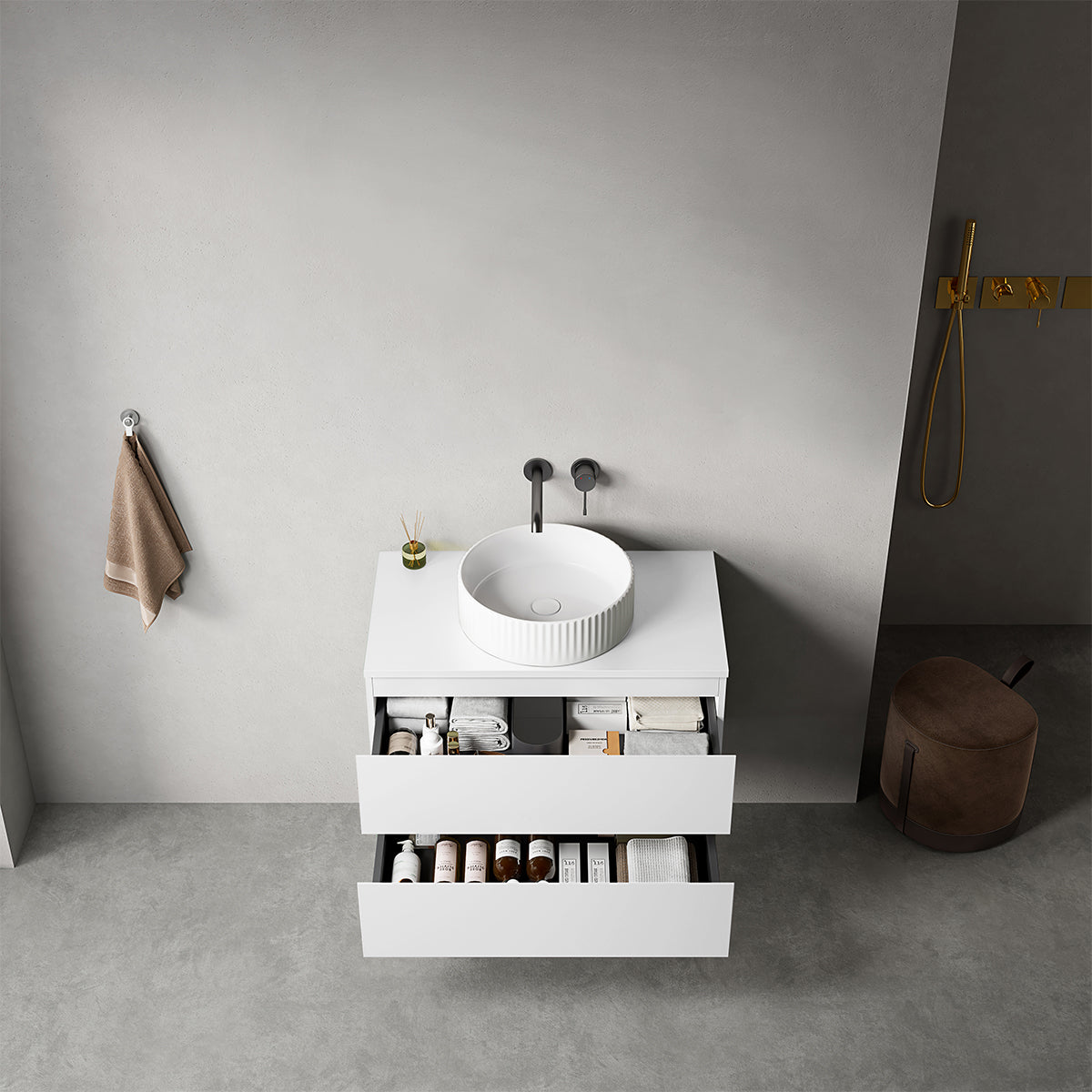 Mobile bagno sospeso 80 cm Bianco Opaco per Lavabo d'appoggio Senza Specchio - Fiji Paint Top