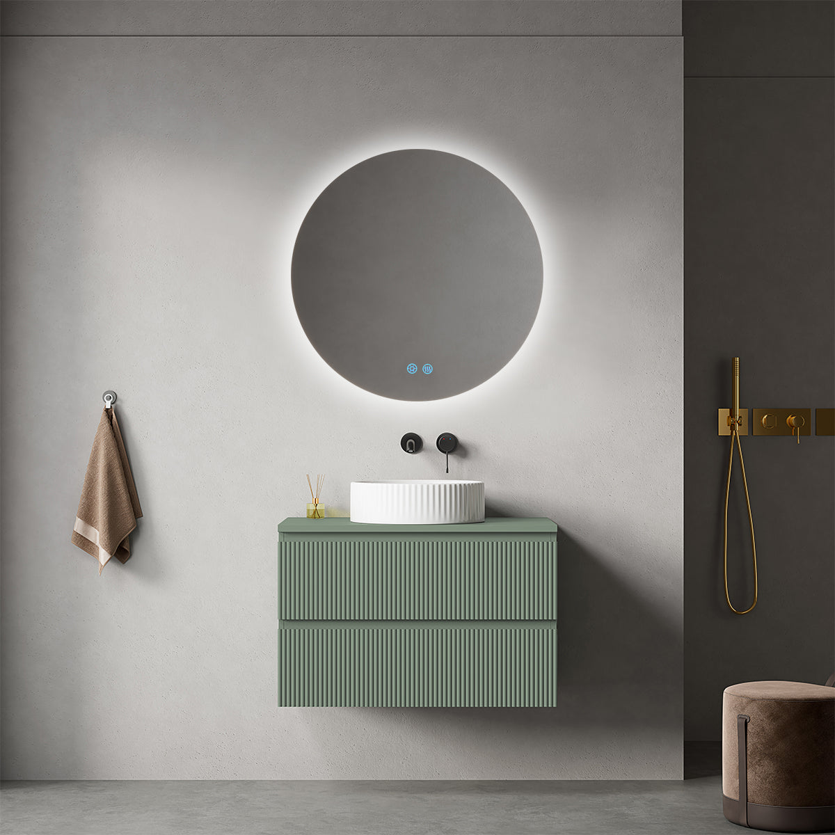 Mobile bagno sospeso cannettato 80 cm Verde Salvia per Lavabo d'appoggio Specchio Tondo Retroilluminato - Fiji Paint Top Canneté