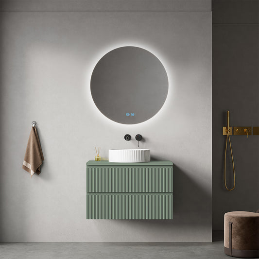 Mobile bagno sospeso cannettato 80 cm Verde Salvia per Lavabo d'appoggio Specchio Tondo Retroilluminato - Fiji Paint Top Canneté