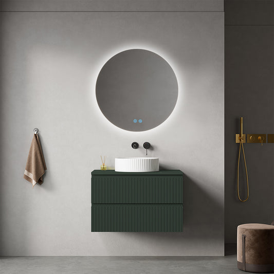 Mobile bagno sospeso cannettato 80 cm Verde Comodoro per Lavabo d'appoggio Specchio Tondo Retroilluminato - Fiji Paint Top Canneté