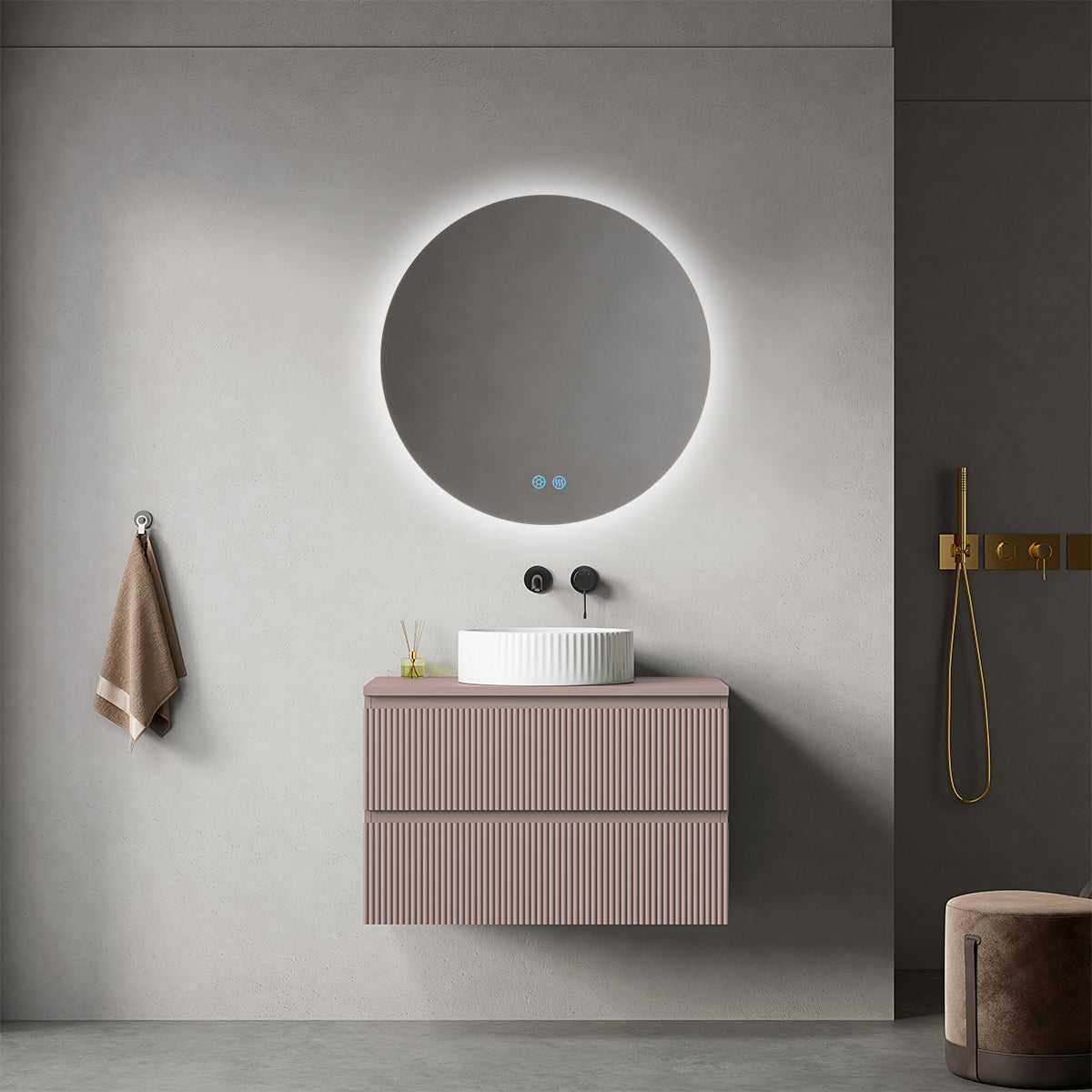 Mobile bagno sospeso cannettato 80 cm Rosa Retrò per Lavabo d'appoggio Specchio Tondo Retroilluminato - Fiji Paint Top Canneté