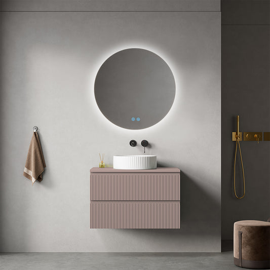 Mobile bagno sospeso cannettato 80 cm Rosa Retrò per Lavabo d'appoggio Specchio Tondo Retroilluminato - Fiji Paint Top Canneté