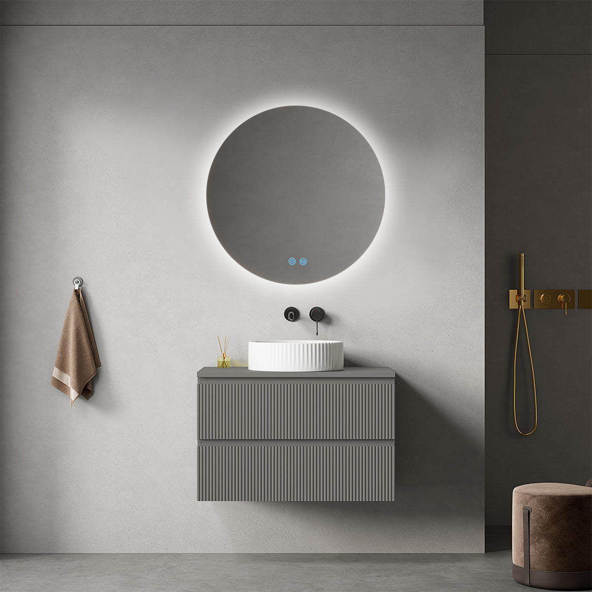 Mobile bagno sospeso cannettato 80 cm Grigio Londra per Lavabo d'appoggio Specchio Tondo Retroilluminato - Fiji Paint Top Canneté