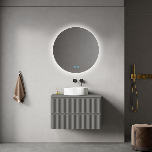 Mobile bagno sospeso cannettato 80 cm Grigio Londra per Lavabo d'appoggio Specchio Tondo Retroilluminato - Fiji Paint Top Canneté