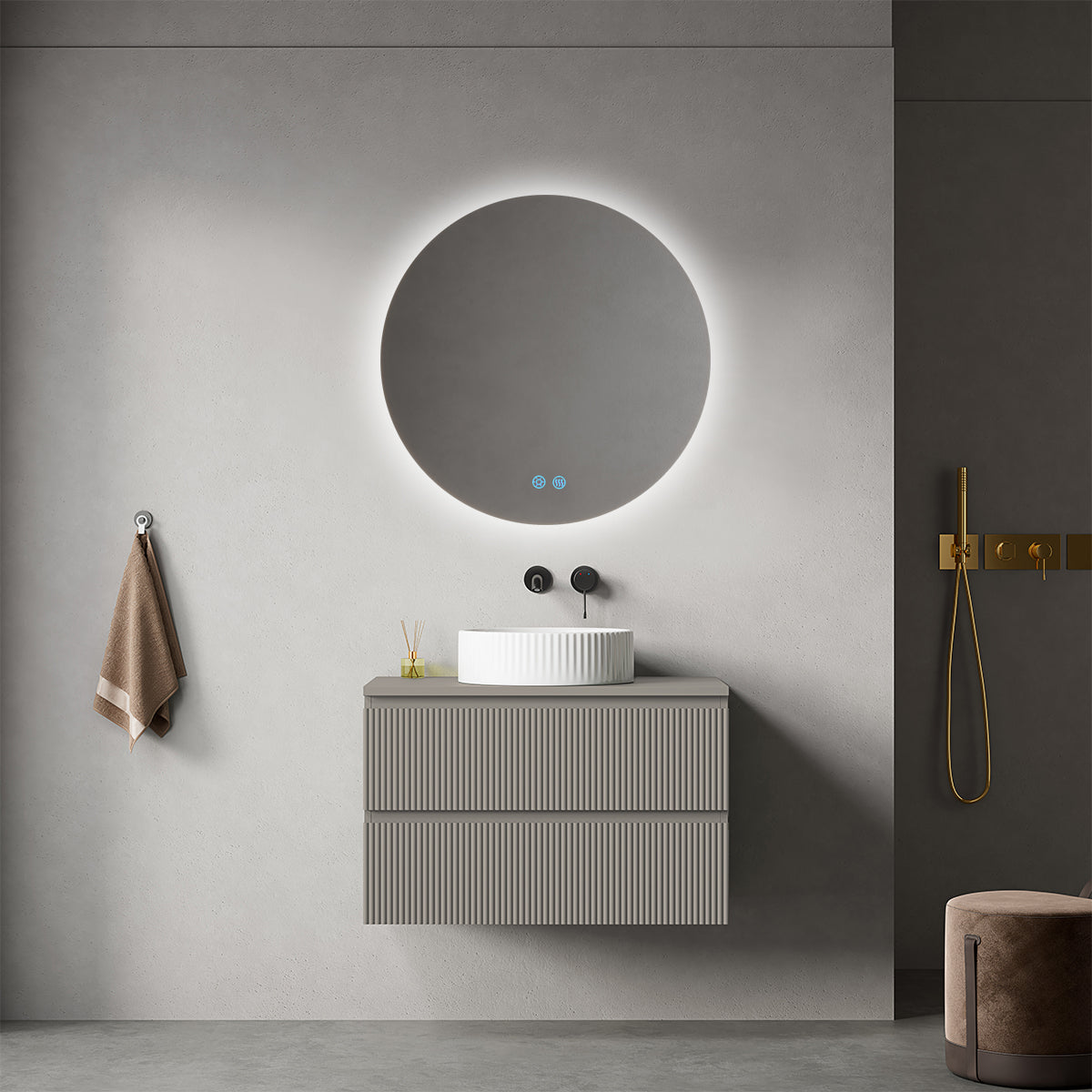 Mobile bagno sospeso cannettato 80 cm Grigio Cenere per Lavabo d'appoggio Specchio Tondo Retroilluminato - Fiji Paint Top Canneté