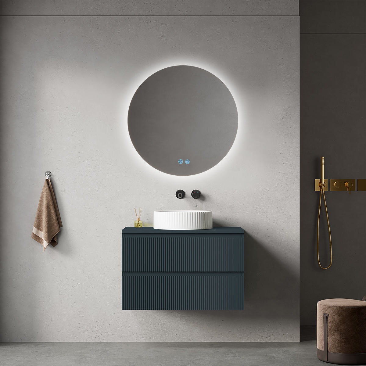 Mobile bagno sospeso cannettato 80 cm Blu Mare per Lavabo d'appoggio Specchio Tondo Retroilluminato - Fiji Paint Top Canneté