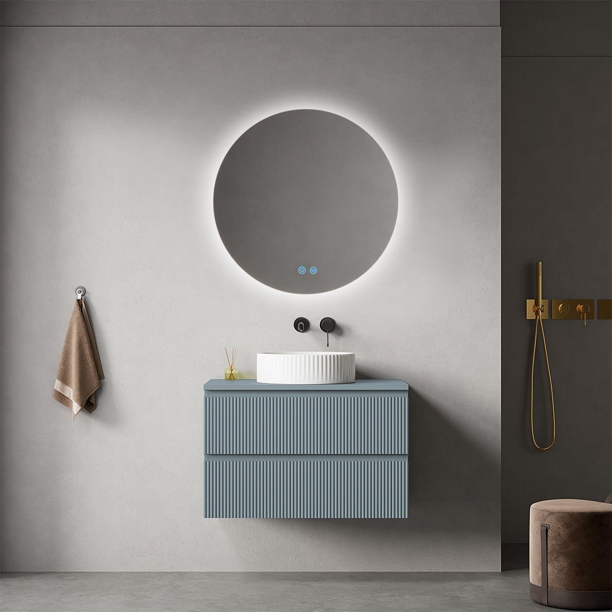 Mobile bagno sospeso cannettato 80 cm Blu Avio per Lavabo d'appoggio Specchio Tondo Retroilluminato - Fiji Paint Top Canneté