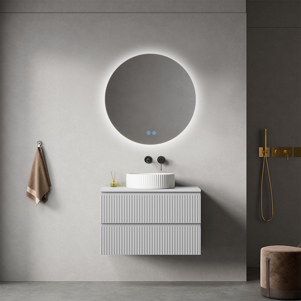 Mobile bagno sospeso cannettato 80 cm Bianco Opaco per Lavabo d'appoggio Specchio Tondo Retroilluminato - Fiji Paint Top Canneté