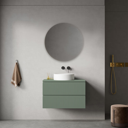 Mobile bagno sospeso cannettato 80 cm Verde Salvia per Lavabo d'appoggio Specchio Tondo - Fiji Paint Top Canneté