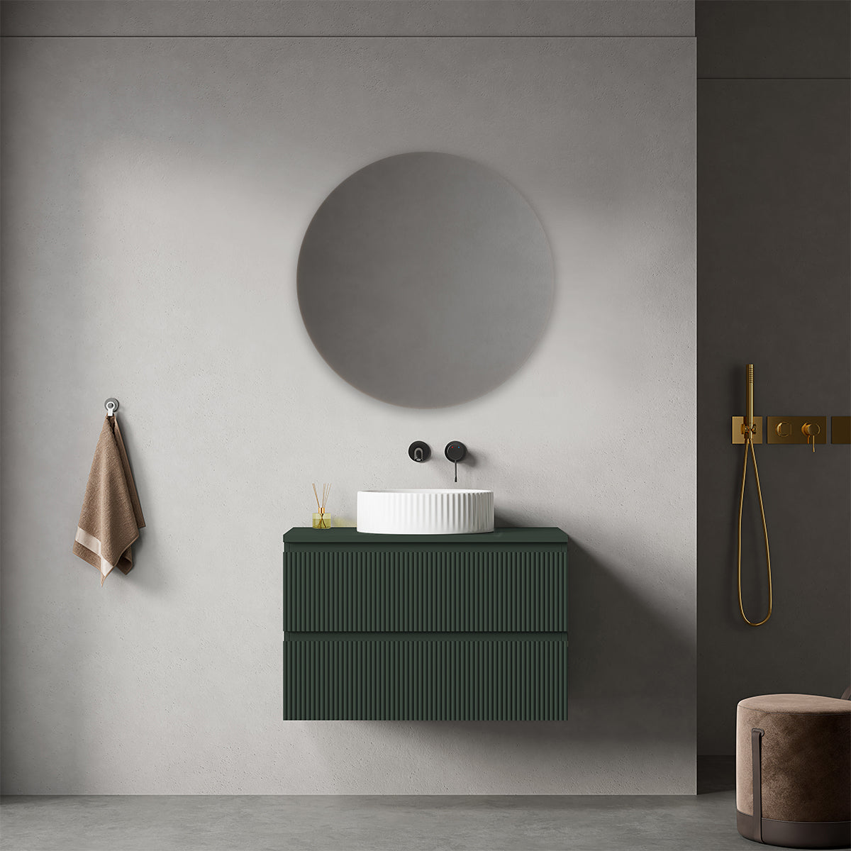 Mobile bagno sospeso cannettato 80 cm Verde Comodoro per Lavabo d'appoggio Specchio Tondo - Fiji Paint Top Canneté
