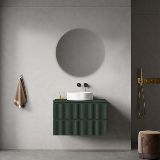 Mobile bagno sospeso cannettato 80 cm Verde Comodoro per Lavabo d'appoggio Specchio Tondo - Fiji Paint Top Canneté
