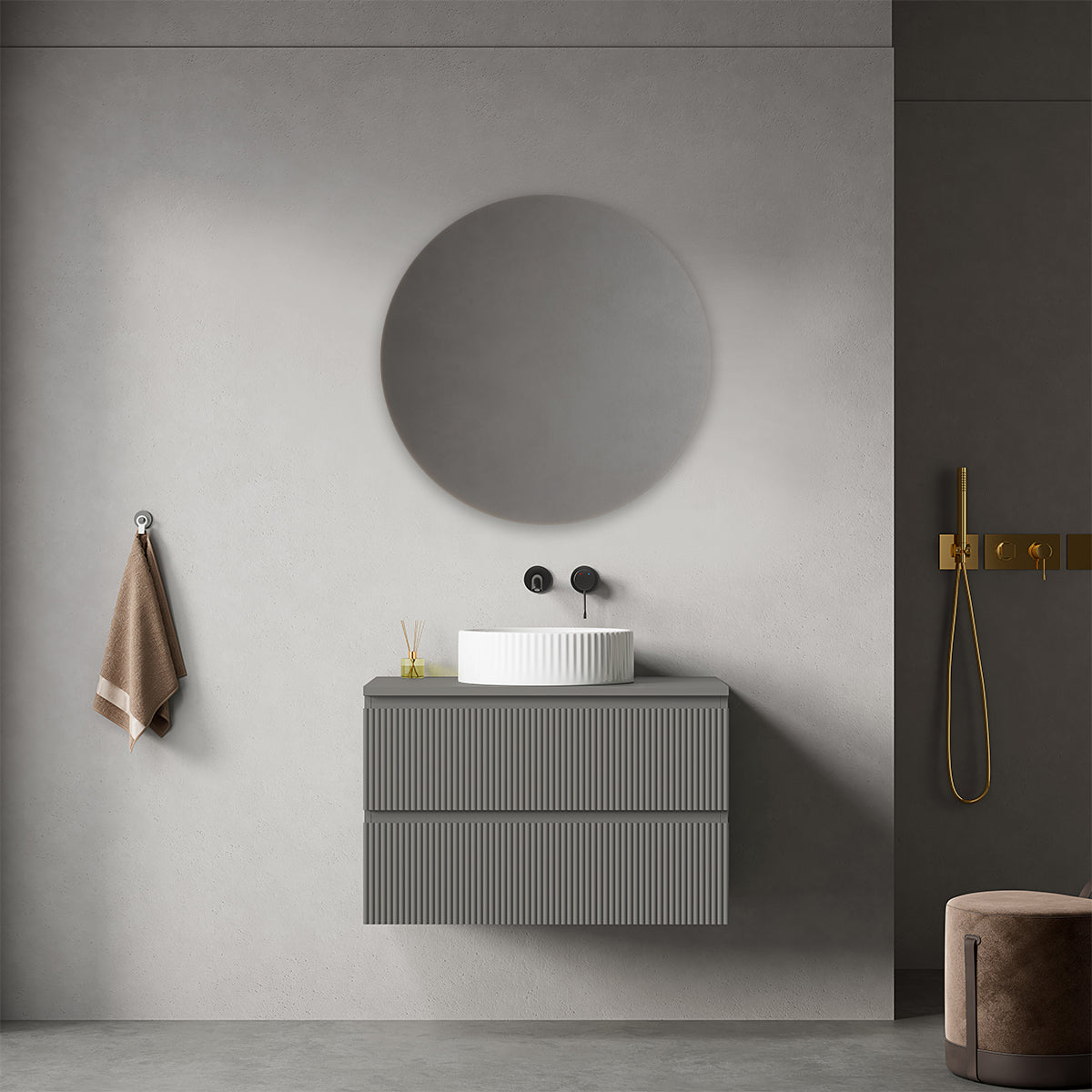 Mobile bagno sospeso cannettato 80 cm Grigio Londra per Lavabo d'appoggio Specchio Tondo - Fiji Paint Top Canneté