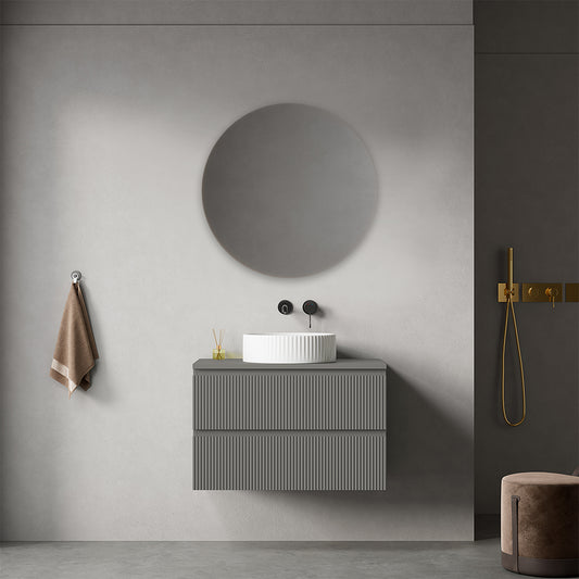 Mobile bagno sospeso cannettato 80 cm Grigio Londra per Lavabo d'appoggio Specchio Tondo - Fiji Paint Top Canneté
