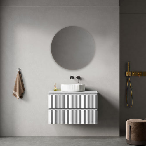 Mobile bagno sospeso cannettato 80 cm Bianco Opaco per Lavabo d'appoggio Specchio Tondo - Fiji Paint Top Canneté