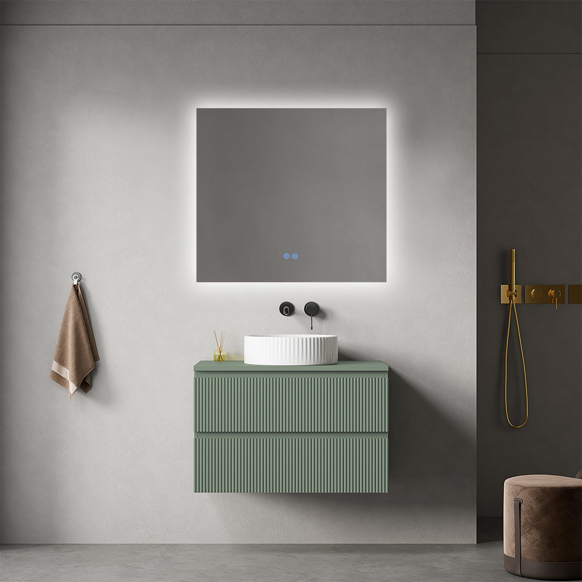 Mobile bagno sospeso cannettato 80 cm Verde Salvia per Lavabo d'appoggio Specchio Quadro Retroilluminato - Fiji Paint Top Canneté