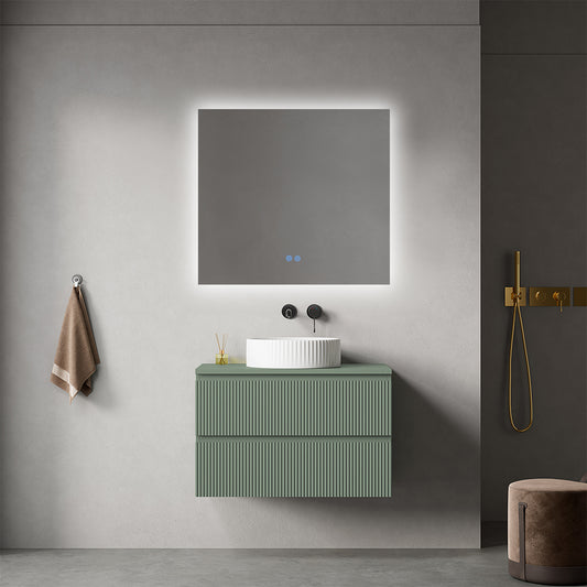 Mobile bagno sospeso cannettato 80 cm Verde Salvia per Lavabo d'appoggio Specchio Quadro Retroilluminato - Fiji Paint Top Canneté