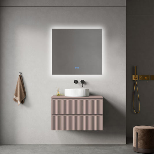 Mobile bagno sospeso cannettato 80 cm Rosa Retrò per Lavabo d'appoggio Specchio Quadro Retroilluminato - Fiji Paint Top Canneté