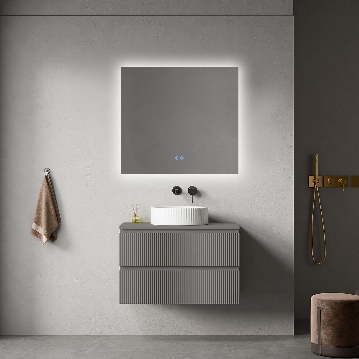 Mobile bagno sospeso cannettato 80 cm Grigio Londra per Lavabo d'appoggio Specchio Quadro Retroilluminato - Fiji Paint Top Canneté
