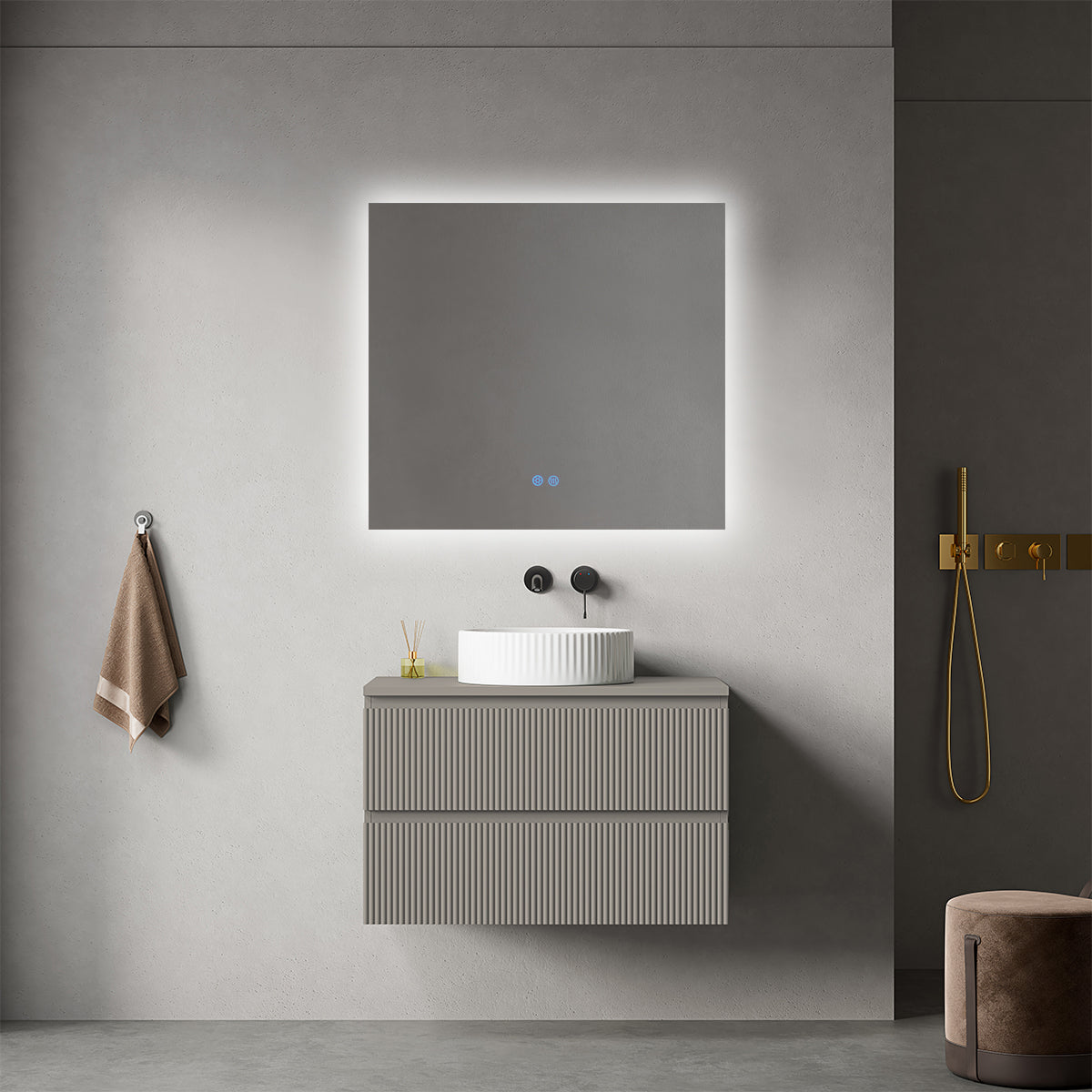 Mobile bagno sospeso cannettato 80 cm Grigio Cenere per Lavabo d'appoggio Specchio Quadro Retroilluminato - Fiji Paint Top Canneté