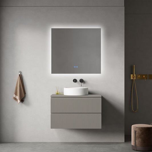 Mobile bagno sospeso cannettato 80 cm Grigio Cenere per Lavabo d'appoggio Specchio Quadro Retroilluminato - Fiji Paint Top Canneté