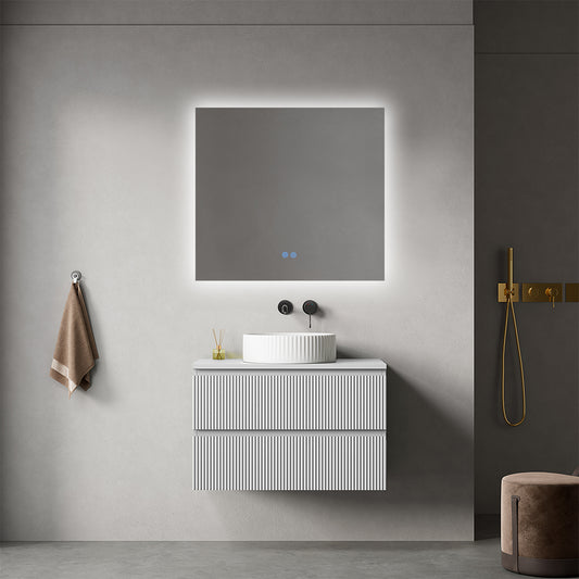 Mobile bagno sospeso cannettato 80 cm Bianco Opaco per Lavabo d'appoggio Specchio Quadro Retroilluminato - Fiji Paint Top Canneté
