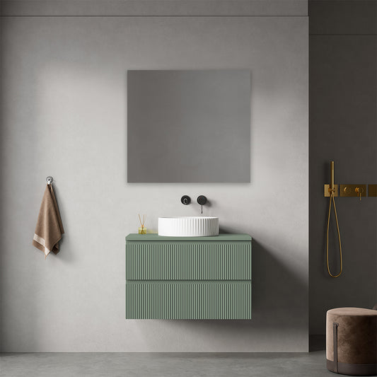 Mobile bagno sospeso cannettato 80 cm Verde Salvia per Lavabo d'appoggio Specchio Quadro - Fiji Paint Top Canneté