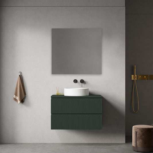 Mobile bagno sospeso cannettato 80 cm Verde Comodoro per Lavabo d'appoggio Specchio Quadro - Fiji Paint Top Canneté