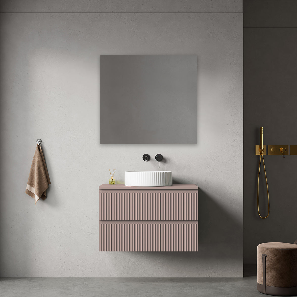 Mobile bagno sospeso cannettato 80 cm Rosa Retrò per Lavabo d'appoggio Specchio Quadro - Fiji Paint Top Canneté