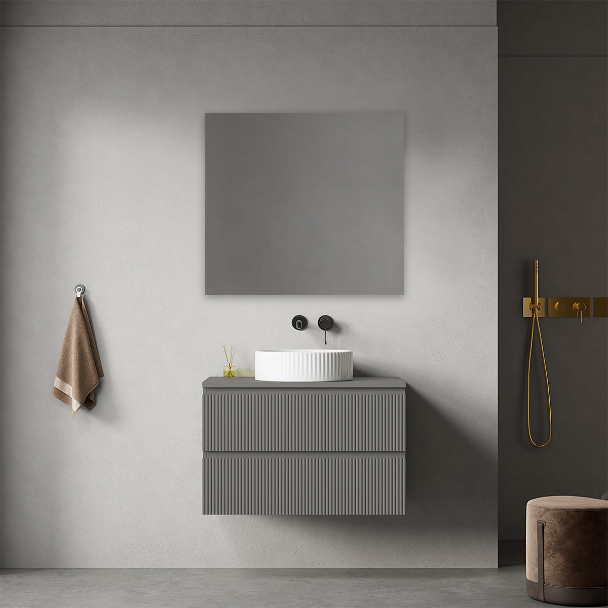 Mobile bagno sospeso cannettato 80 cm Grigio Londra per Lavabo d'appoggio Specchio Quadro - Fiji Paint Top Canneté