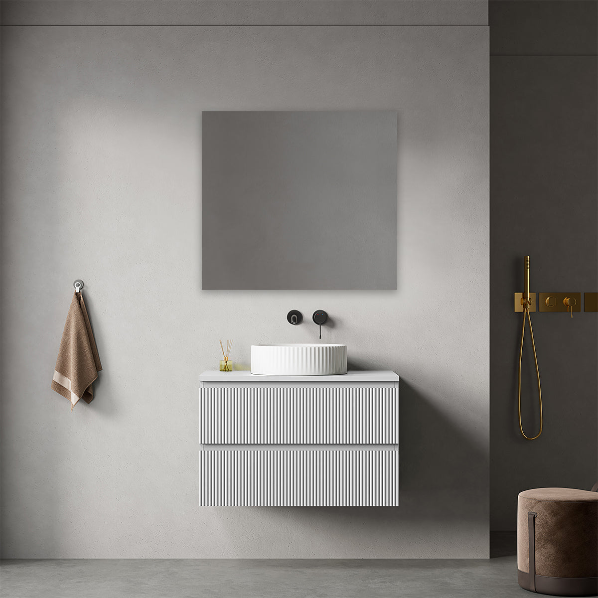 Mobile bagno sospeso cannettato 80 cm Bianco Opaco per Lavabo d'appoggio Specchio Quadro - Fiji Paint Top Canneté