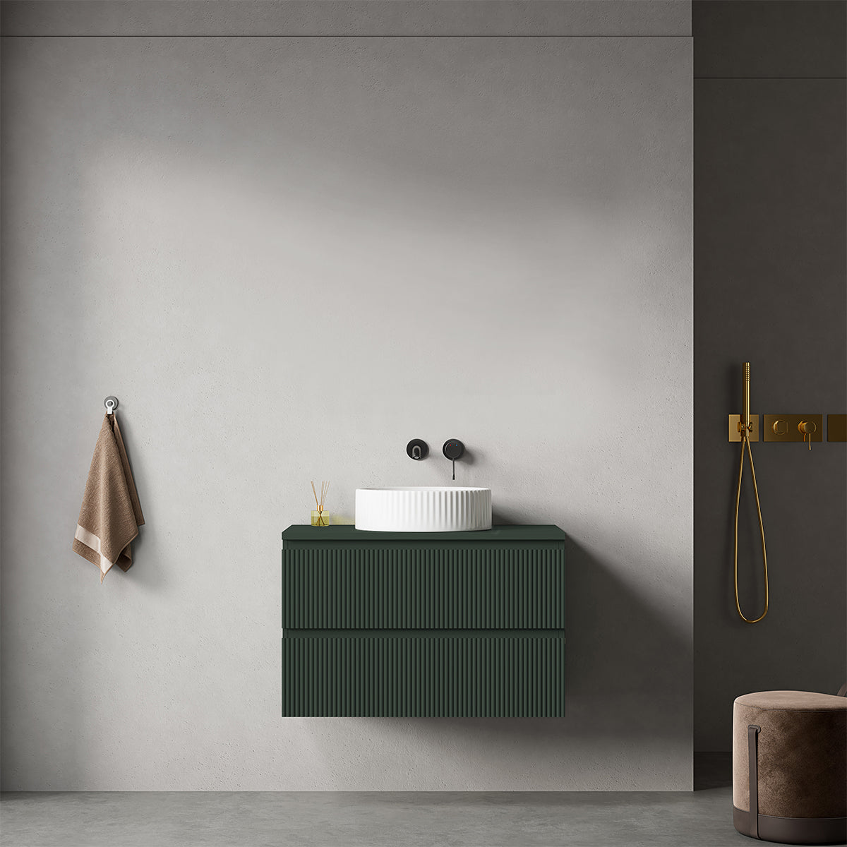 Mobile bagno sospeso cannettato 80 cm Verde Comodoro per Lavabo d'appoggio Senza Specchio - Fiji Paint Top Canneté