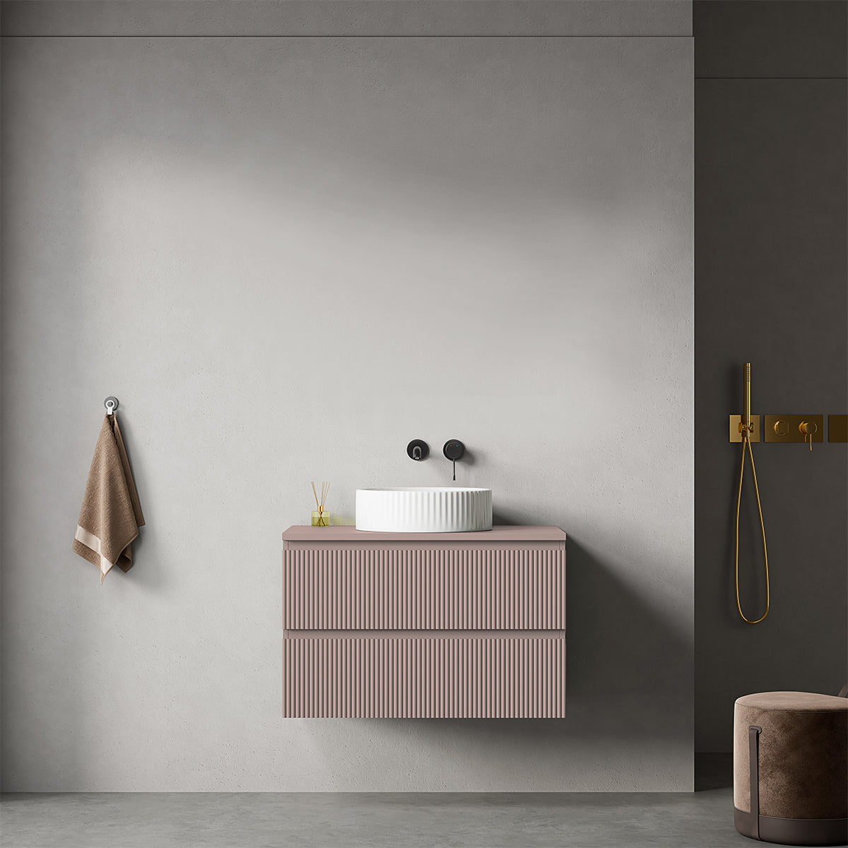 Mobile bagno sospeso cannettato 80 cm Rosa Retrò per Lavabo d'appoggio Senza Specchio - Fiji Paint Top Canneté