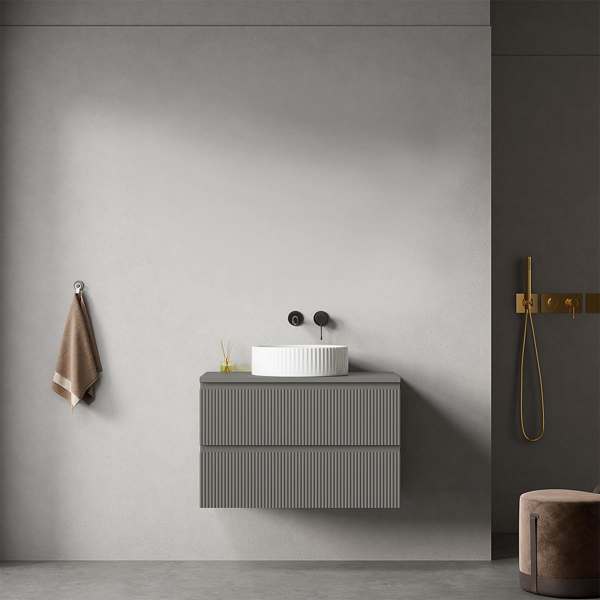Mobile bagno sospeso cannettato 80 cm Grigio Londra per Lavabo d'appoggio Senza Specchio - Fiji Paint Top Canneté