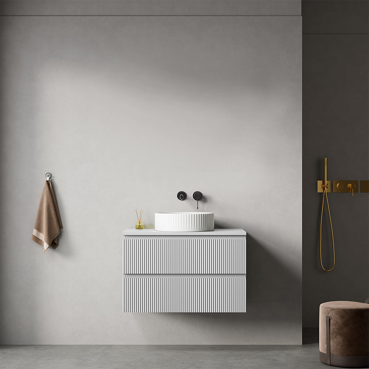 Mobile bagno sospeso cannettato 80 cm Bianco Opaco per Lavabo d'appoggio Senza Specchio - Fiji Paint Top Canneté