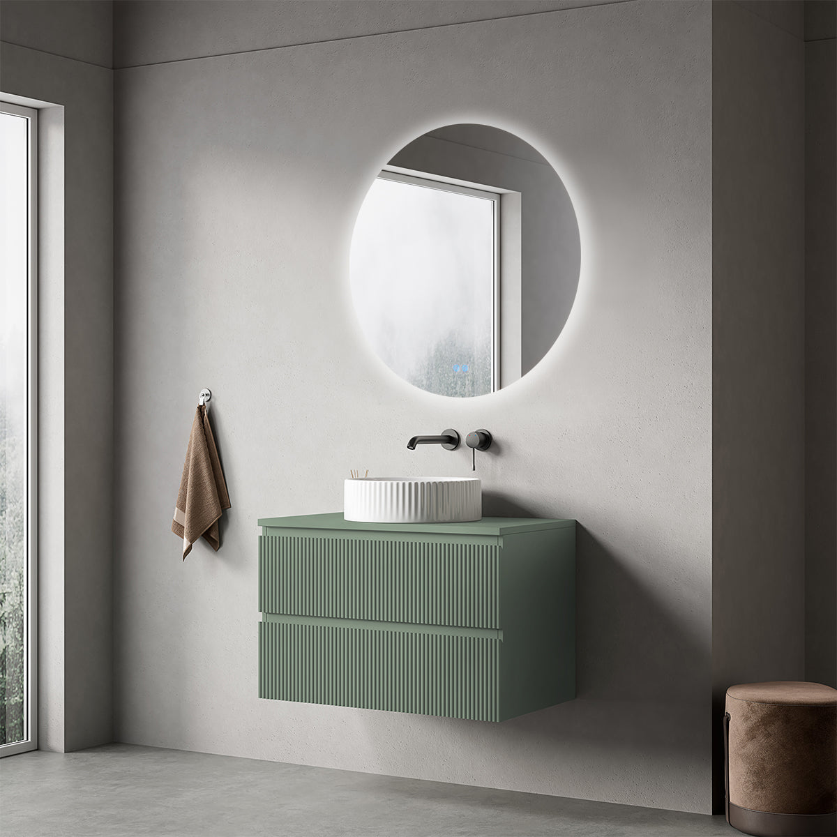 Mobile bagno sospeso cannettato 80 cm Verde Salvia per Lavabo d'appoggio Specchio Tondo Retroilluminato - Fiji Paint Top Canneté