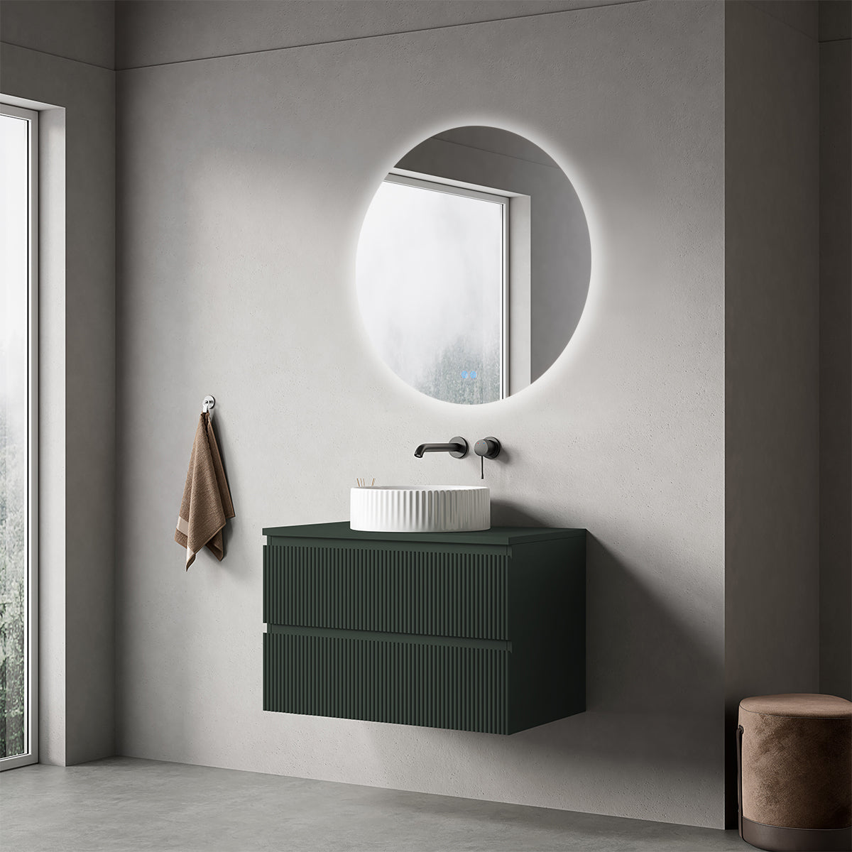 Mobile bagno sospeso cannettato 80 cm Verde Comodoro per Lavabo d'appoggio Specchio Tondo Retroilluminato - Fiji Paint Top Canneté