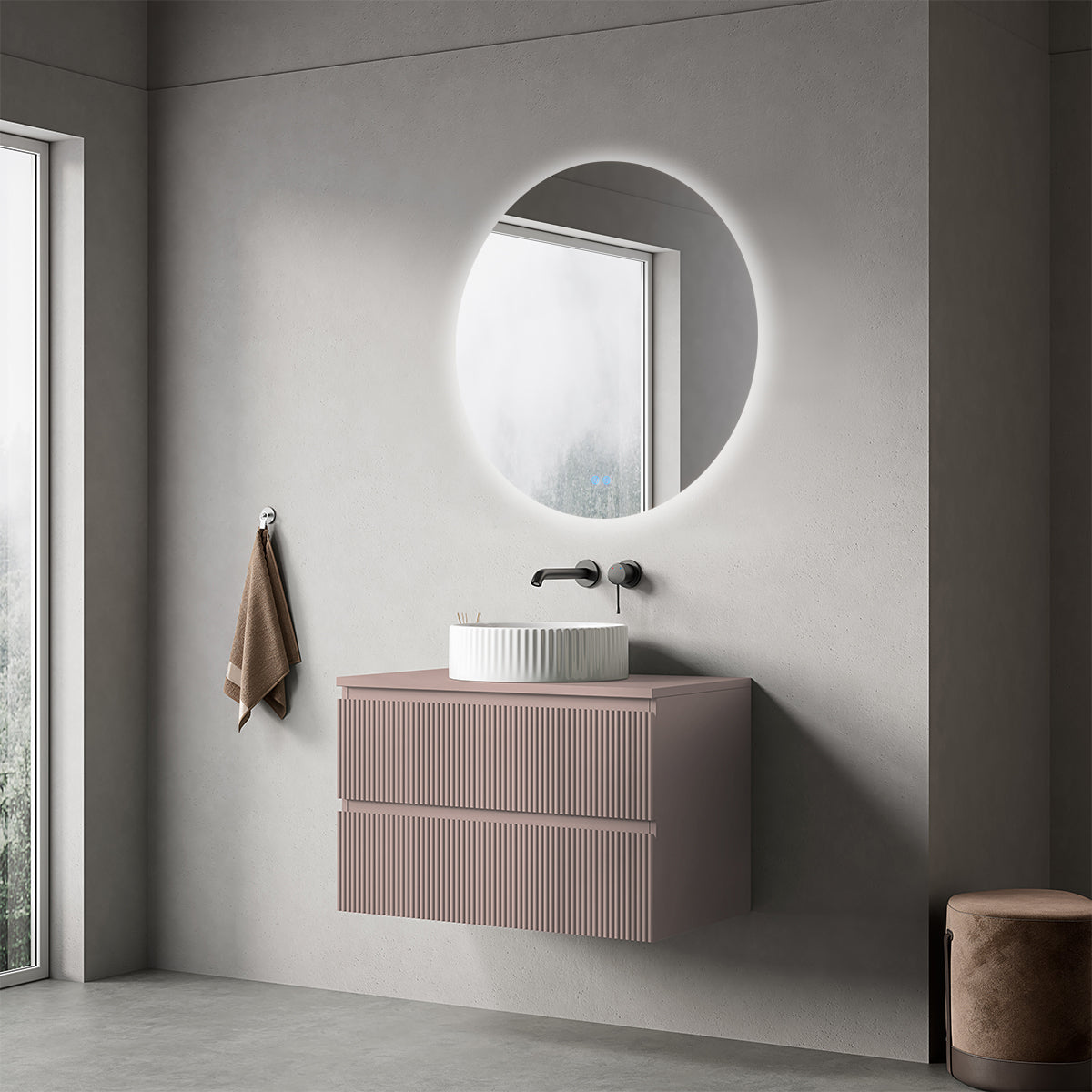 Mobile bagno sospeso cannettato 80 cm Rosa Retrò per Lavabo d'appoggio Specchio Tondo Retroilluminato - Fiji Paint Top Canneté