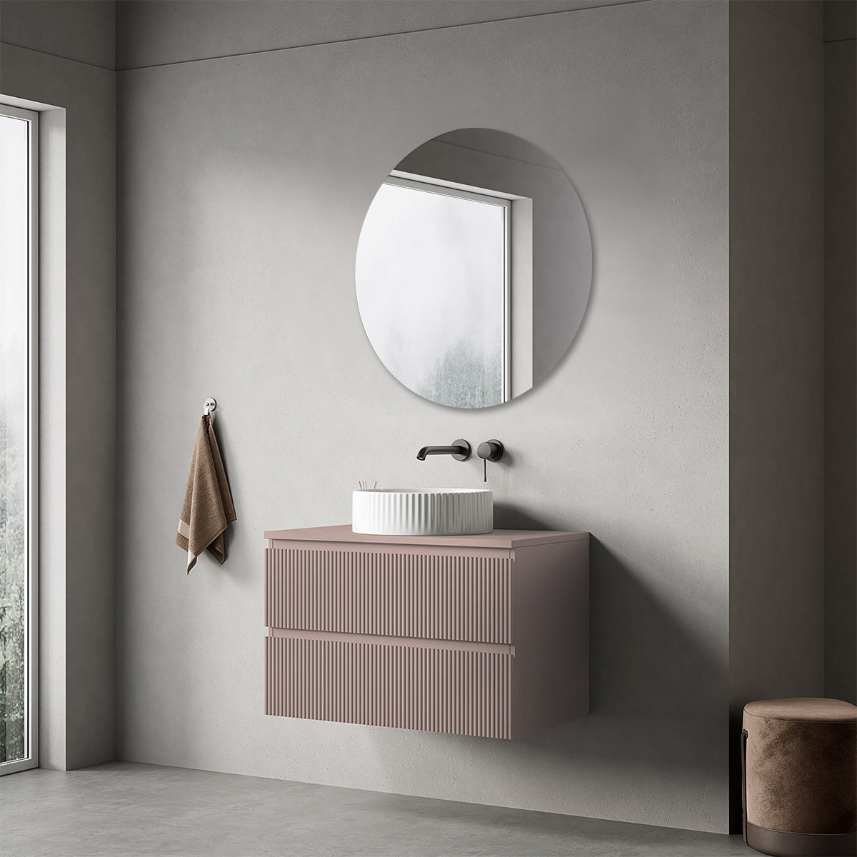 Mobile bagno sospeso cannettato 80 cm Rosa Retrò per Lavabo d'appoggio Specchio Tondo - Fiji Paint Top Canneté