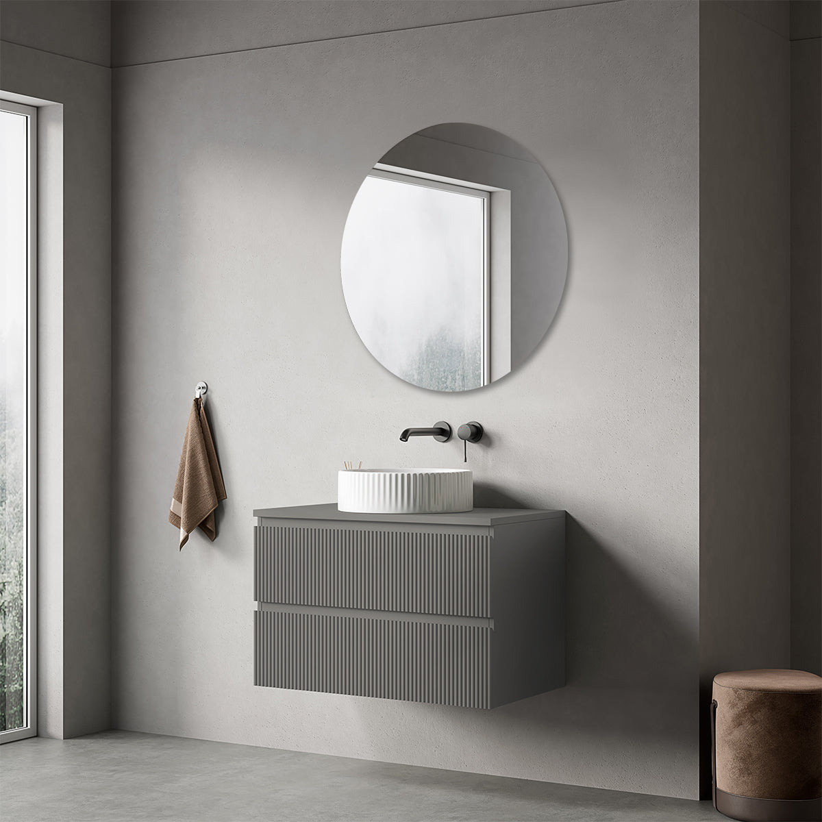 Mobile bagno sospeso cannettato 80 cm Grigio Londra per Lavabo d'appoggio Specchio Tondo - Fiji Paint Top Canneté