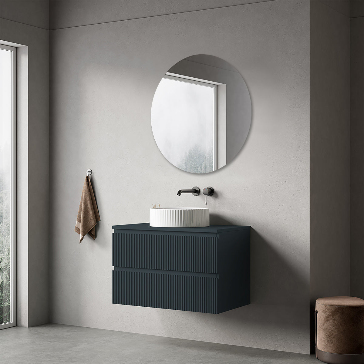 Mobile bagno sospeso cannettato 80 cm Blu Mare per Lavabo d'appoggio Specchio Tondo - Fiji Paint Top Canneté