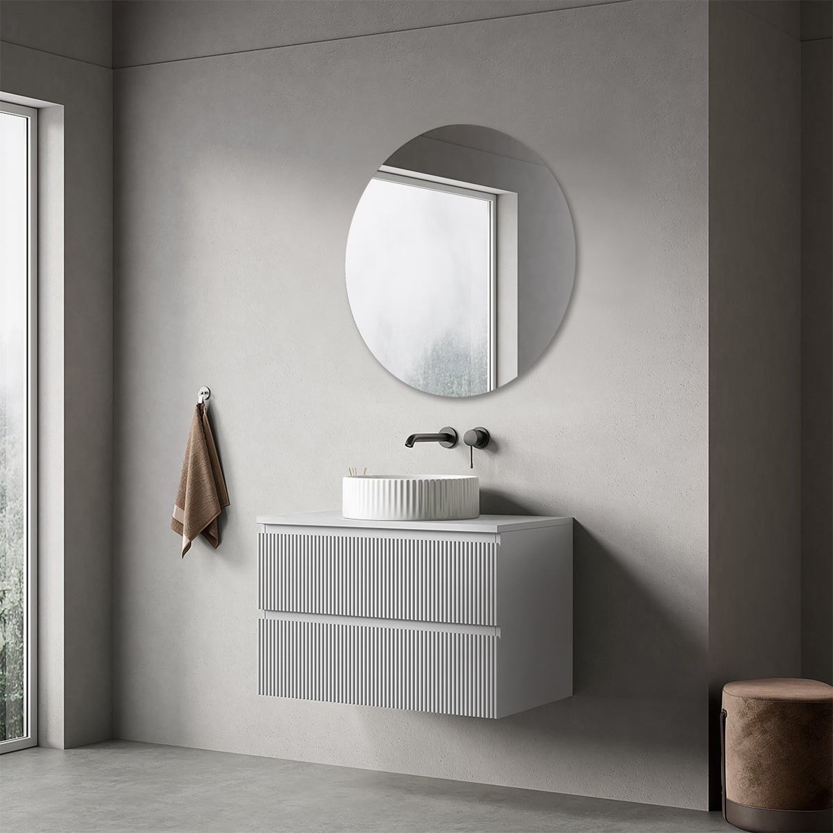 Mobile bagno sospeso cannettato 80 cm Bianco Opaco per Lavabo d'appoggio Specchio Tondo - Fiji Paint Top Canneté