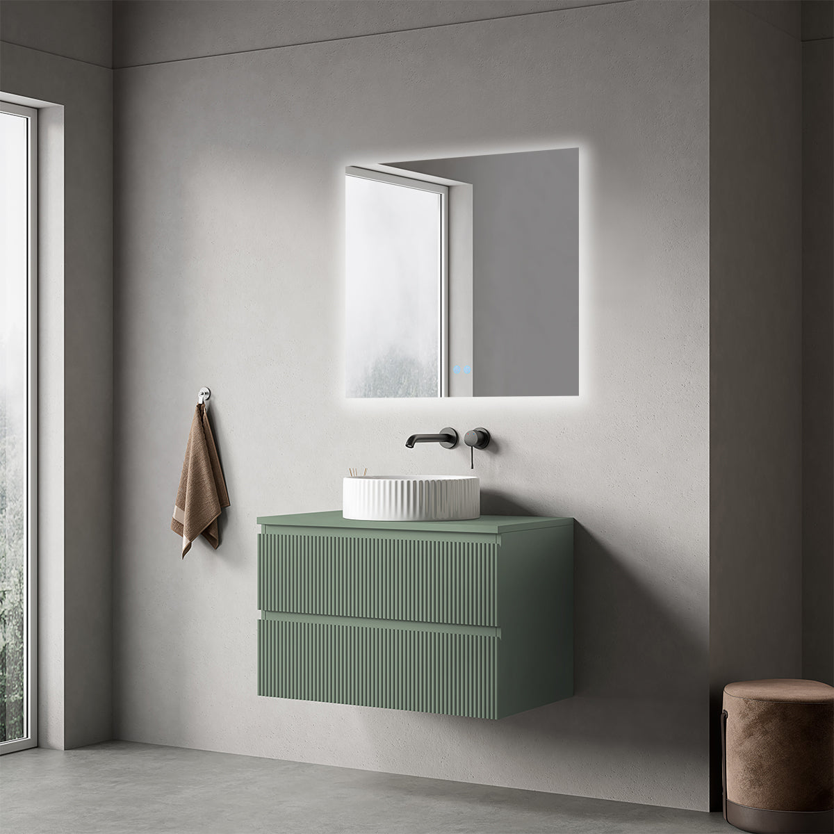Mobile bagno sospeso cannettato 80 cm Verde Salvia per Lavabo d'appoggio Specchio Quadro Retroilluminato - Fiji Paint Top Canneté