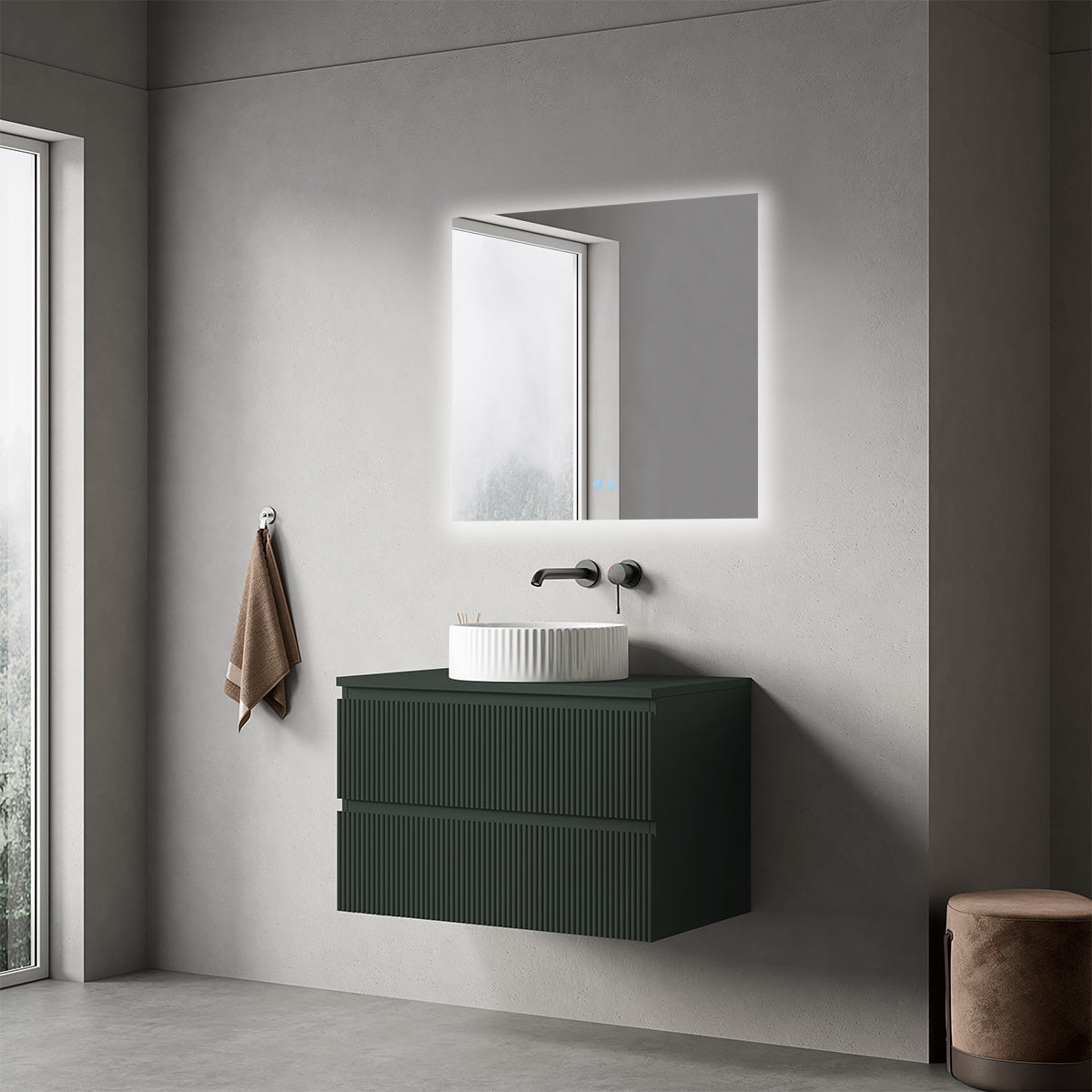Mobile bagno sospeso cannettato 80 cm Verde Comodoro per Lavabo d'appoggio Specchio Quadro Retroilluminato - Fiji Paint Top Canneté