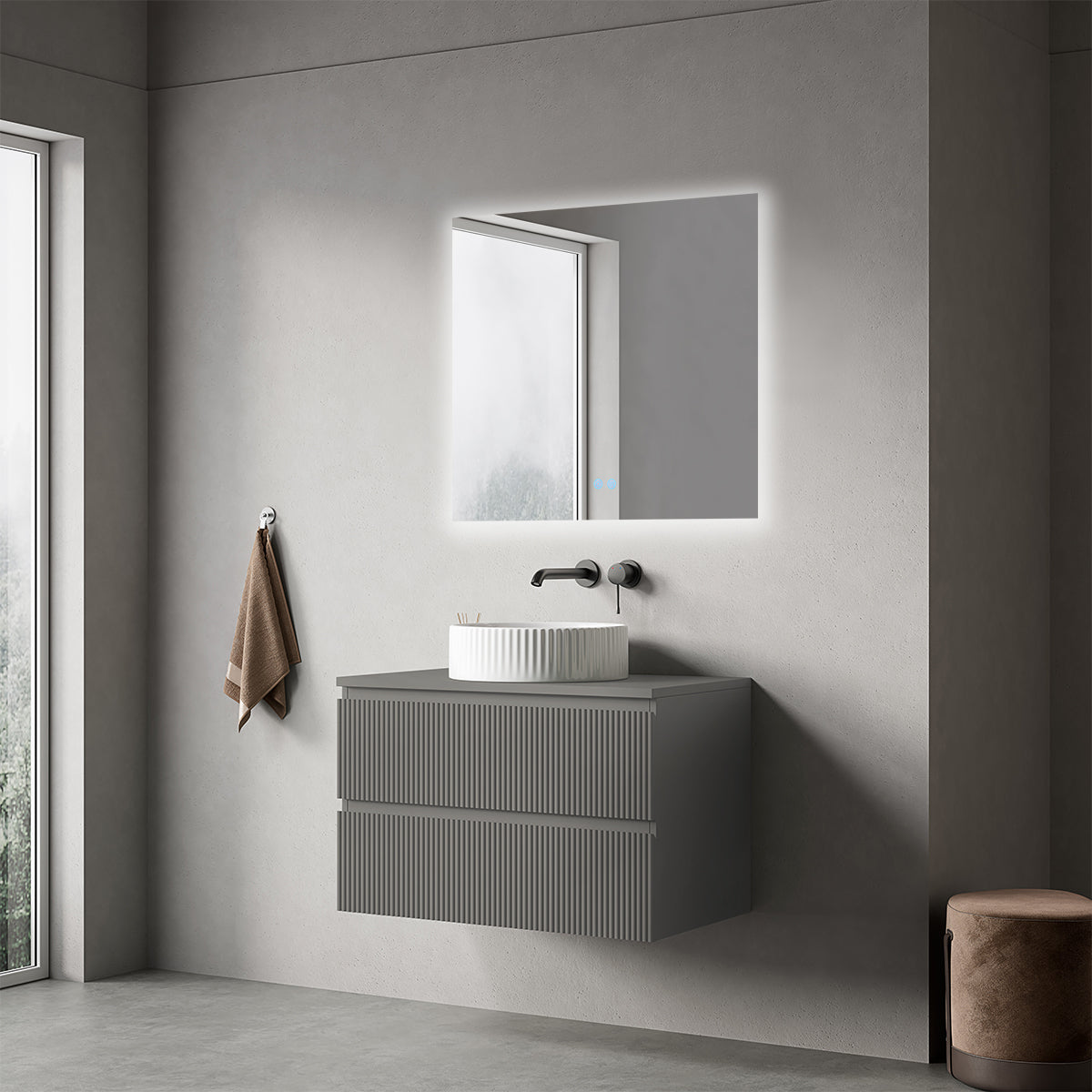 Mobile bagno sospeso cannettato 80 cm Grigio Londra per Lavabo d'appoggio Specchio Quadro Retroilluminato - Fiji Paint Top Canneté