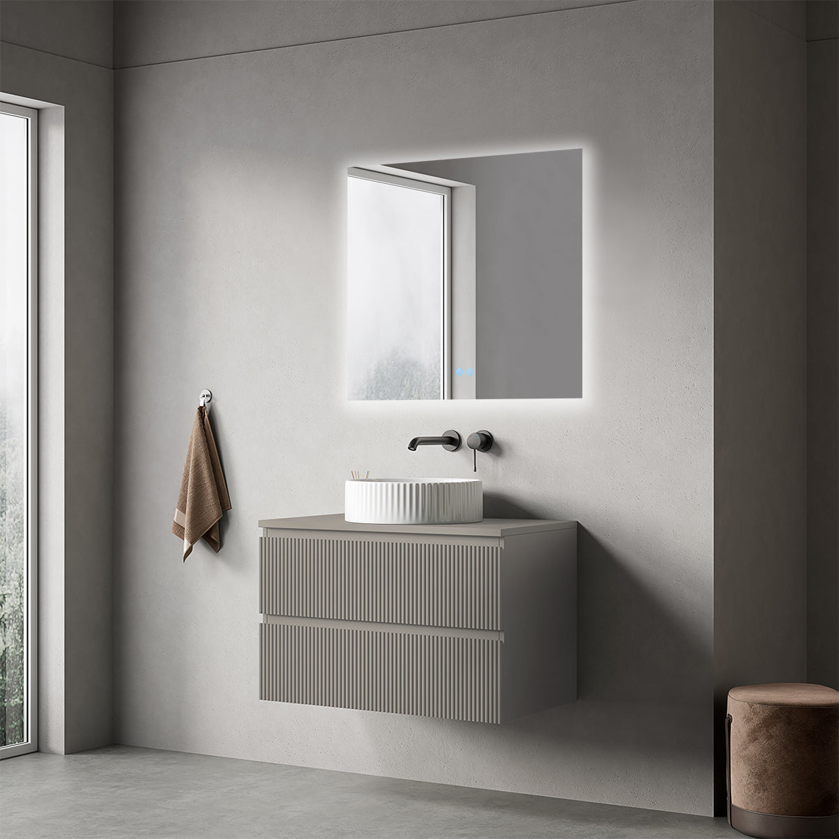Mobile bagno sospeso cannettato 80 cm Grigio Cenere per Lavabo d'appoggio Specchio Quadro Retroilluminato - Fiji Paint Top Canneté