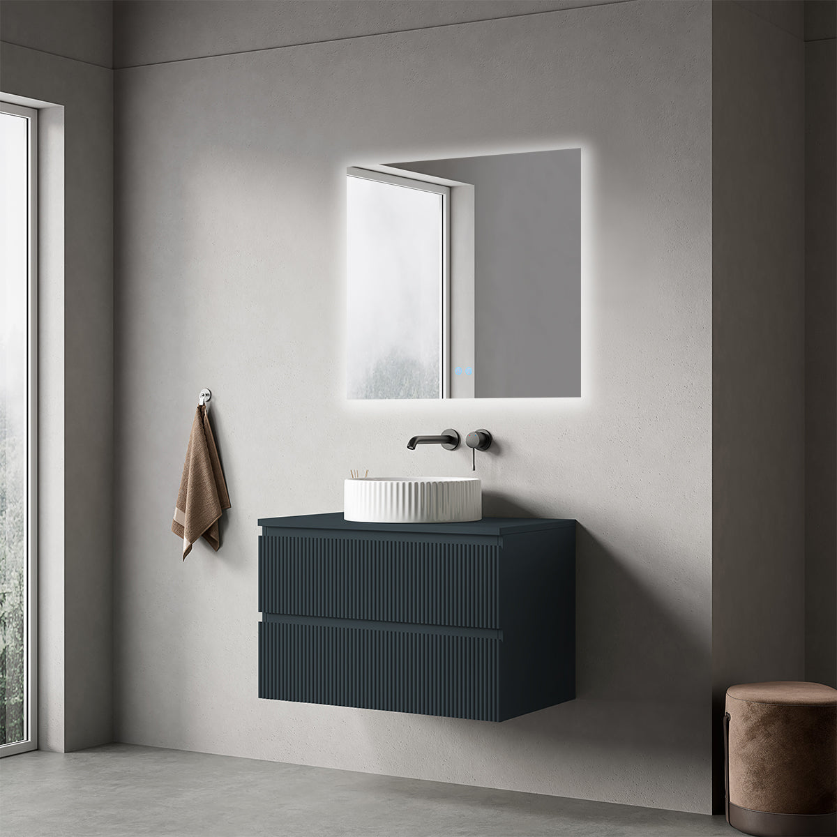 Mobile bagno sospeso cannettato 80 cm Blu Mare per Lavabo d'appoggio Specchio Quadro Retroilluminato - Fiji Paint Top Canneté