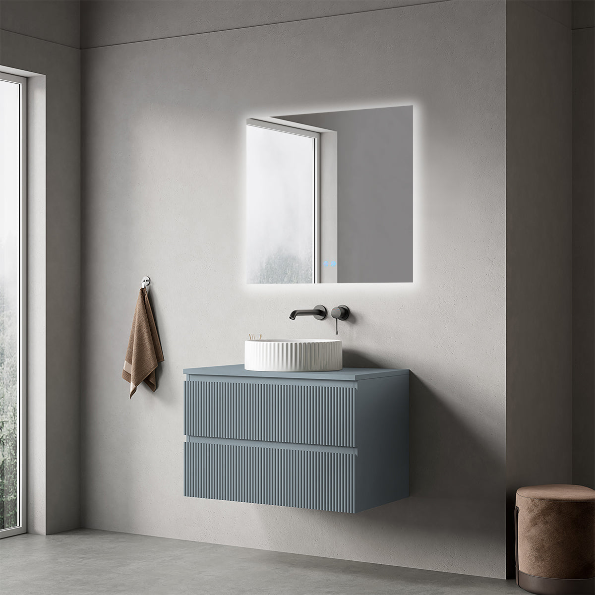 Mobile bagno sospeso cannettato 80 cm Blu Avio per Lavabo d'appoggio Specchio Quadro Retroilluminato - Fiji Paint Top Canneté